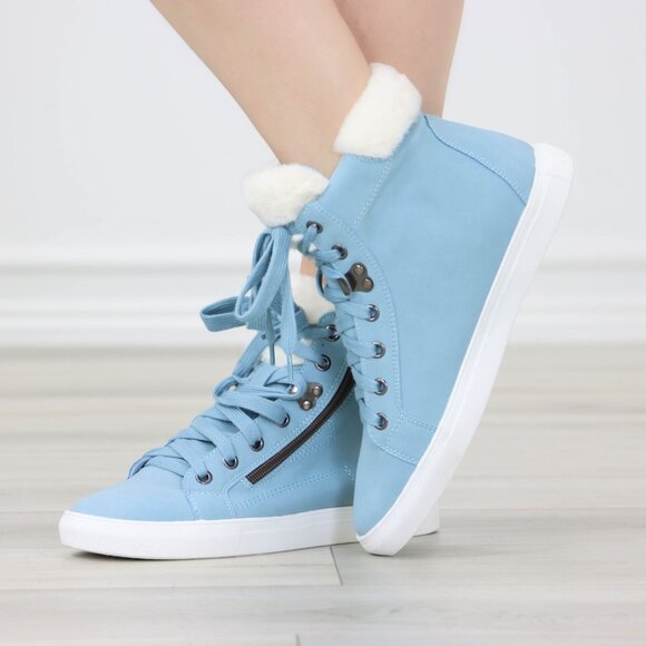 High Tops Womens Fashion Sneakers Shoes Fuzzy Ankle Light Blue - Picture 9 of 13